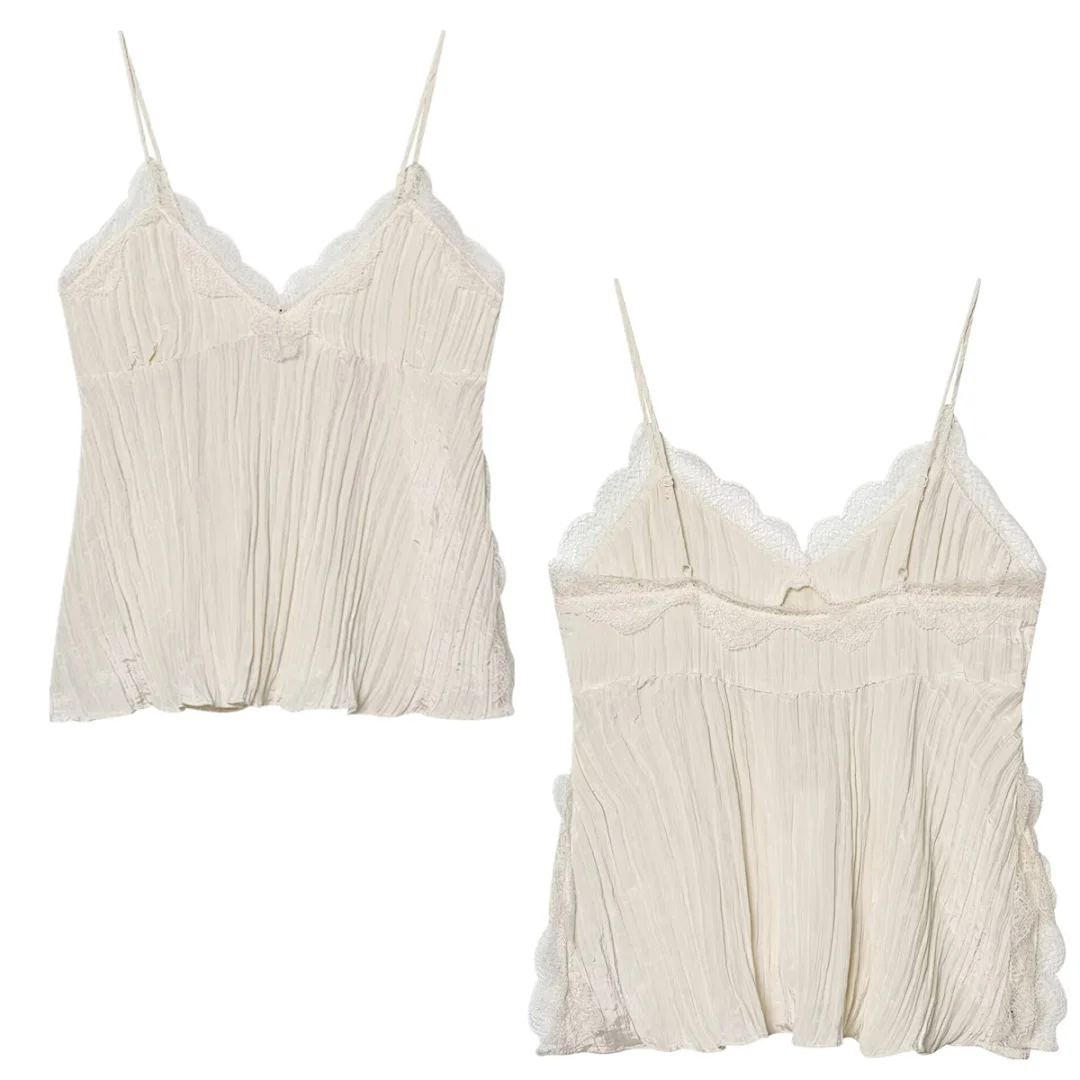 

Maxdutti Minimalist Woman Clothes Beige Elegant Camisole Top Summer Shirts & Blouses Women's Clothes Lace Shirts Tops