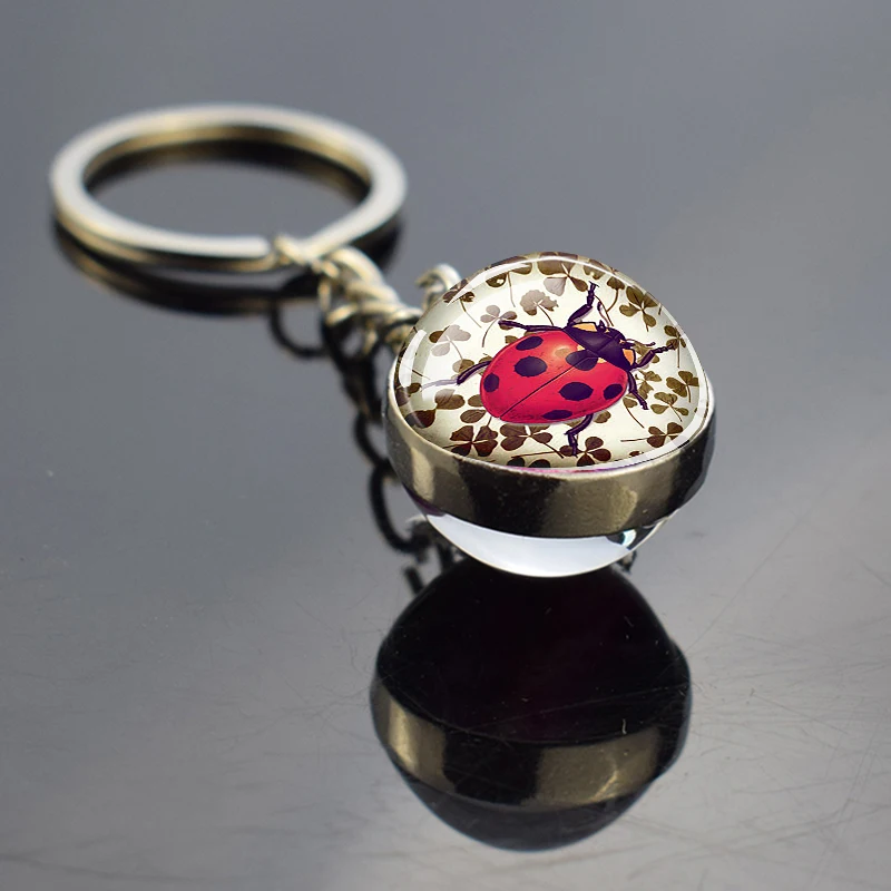 Ladybug Glass Ball Keychain Insect Pendant Lady Bugs Art Picture Keyring