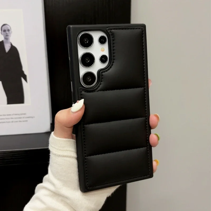 

Luxury Soft Fabric Down Jacket Puffer Phone Case For Samsung S25 S24 S23 S22 Ultra Plus Silicone Back Cover For Galaxy S25+Funda