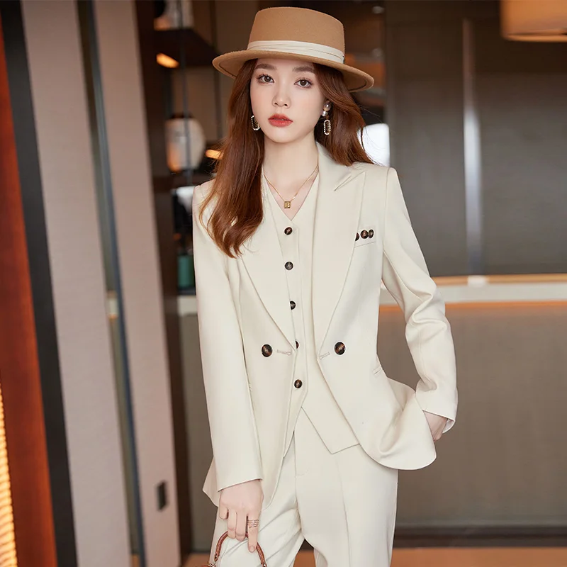 Pink Suits Women High End Autumn New Fashion Temperament Business Formal Slim Blazer And Pants Office Ladies Work Wear Apricot