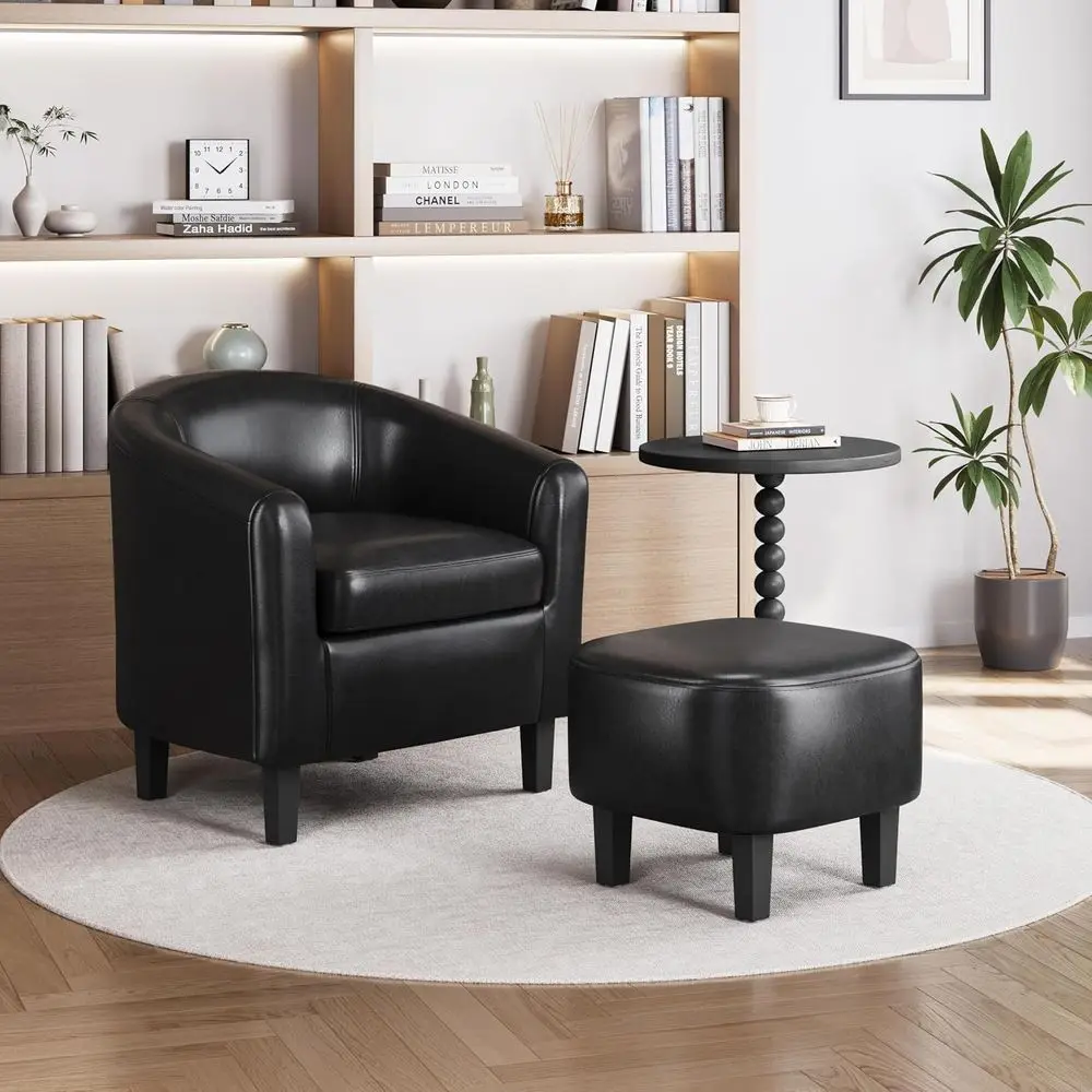 Accent Chairs with Ottoman, Leather Barrel Chairs, Black | Water-resistant Leather Chairs with High-density Foam and Solid Wood