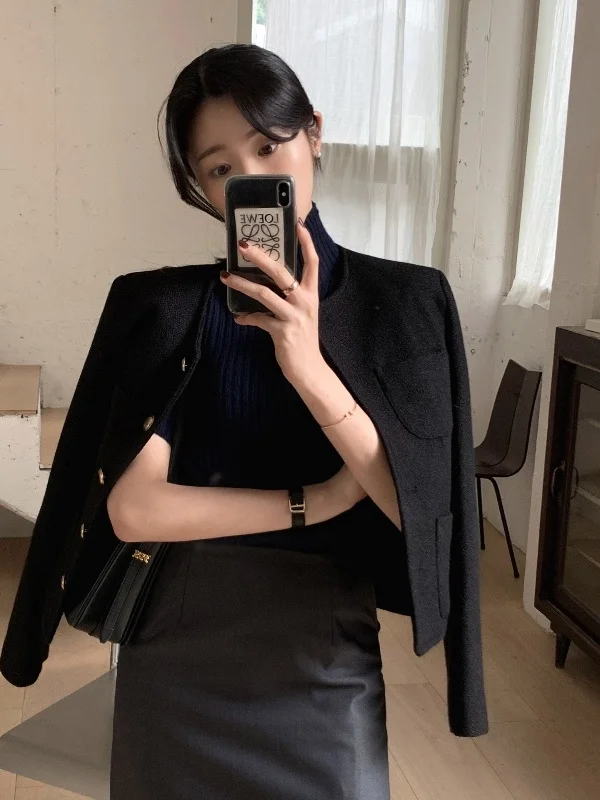 معطف Ele Ladylike ort للنساء من Faion الكورية Sle فضفاض مناسب من ألياف البوليستر لون نقي بأزرار تفاصيل بلوزة للخريف والشتاء #2