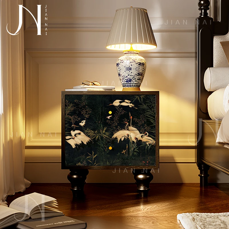 

French Chinese style solid wood bedside table household bedroom small light luxury high sense crane painting