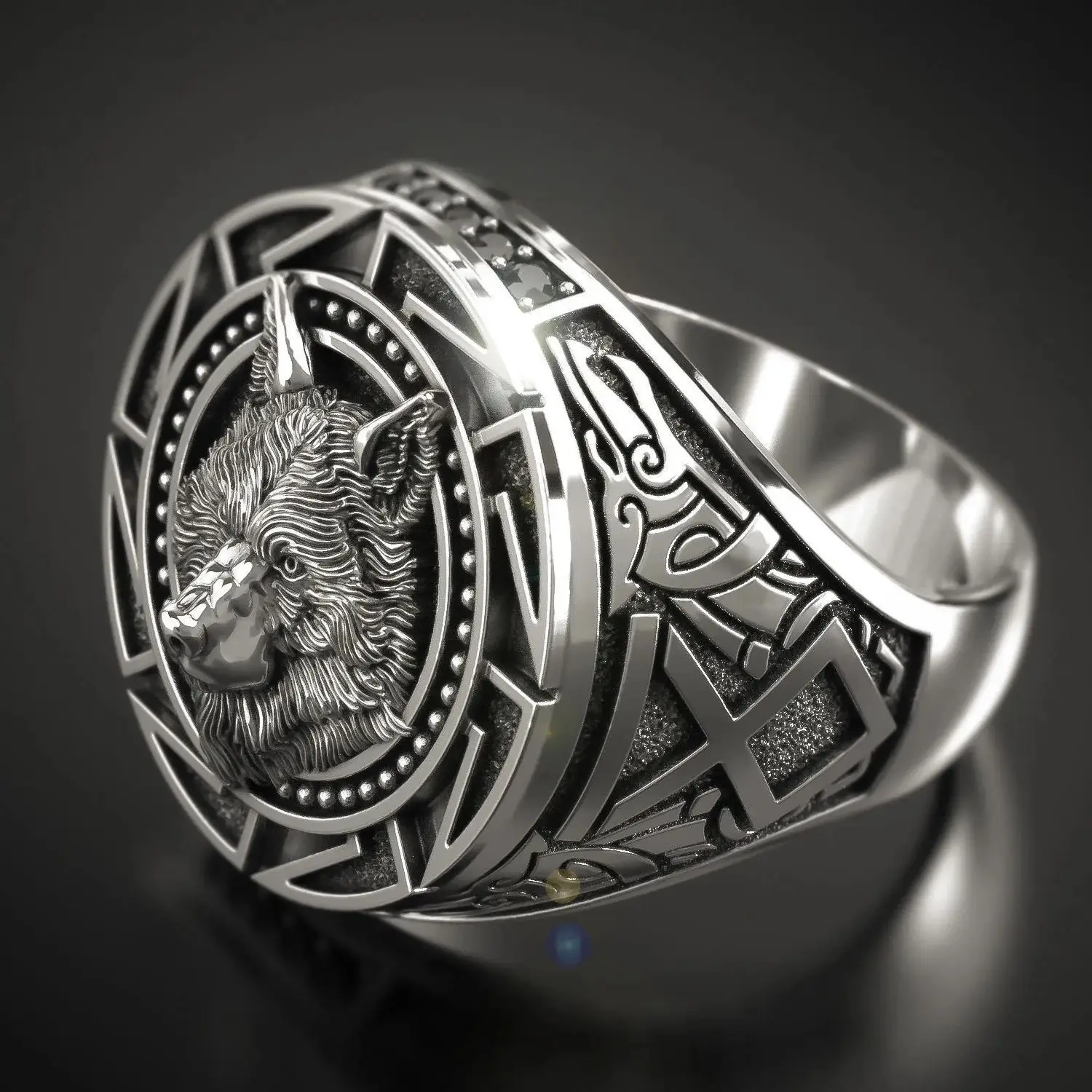 Retro Wolf Totem Nordic Mythology Viking Warrior Wolf Head Men Ring Geometric Design Customizable Sizes