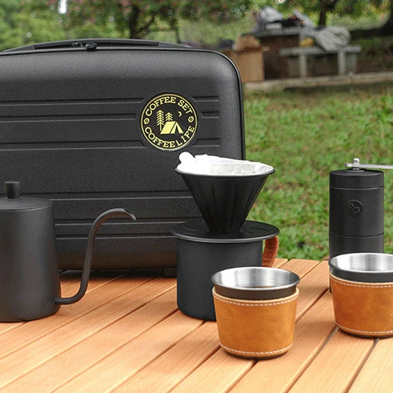 Hot SaleOutdoor Espresso Barista Coffee Maker Set Pour  Kettle Grinder Aluminum Porcelain Wood Box Packing Featuring Filter