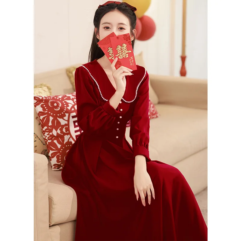 

Elegant Beaded Turn-Down Collar Long Sleeve Back Zipper Bride Gowns Party Banquet Female Stage Show Dresses Cheongsam