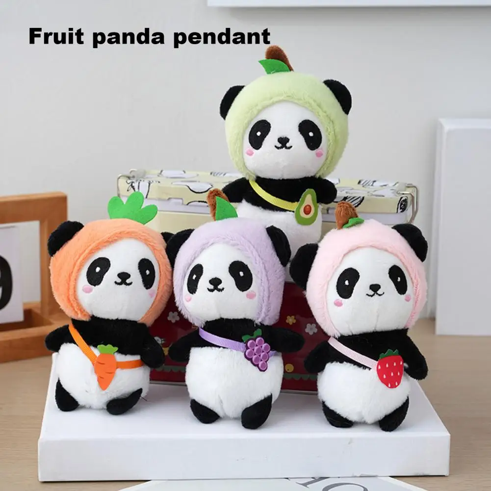 Cartoon Panda Plush Pendant Handmade Cute Mini Panda Plush Keychain Charm with Fruit Hat Soft Stuffed Doll for Backpack Hanging