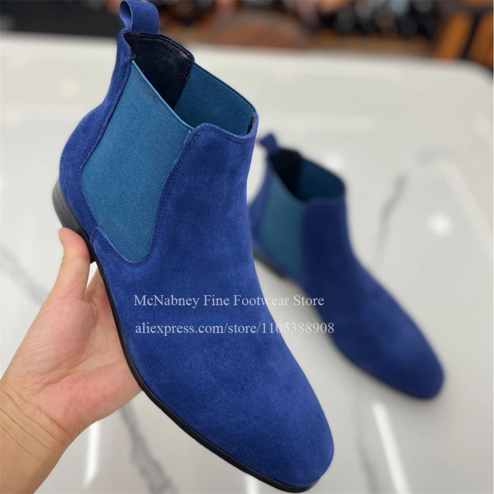 Blue Suede Elastic Side Chelsea Ankle Boots Round Toe Slip on Elegant Mens Dress Boots Wedding Party Daily Casual Autumn Winter