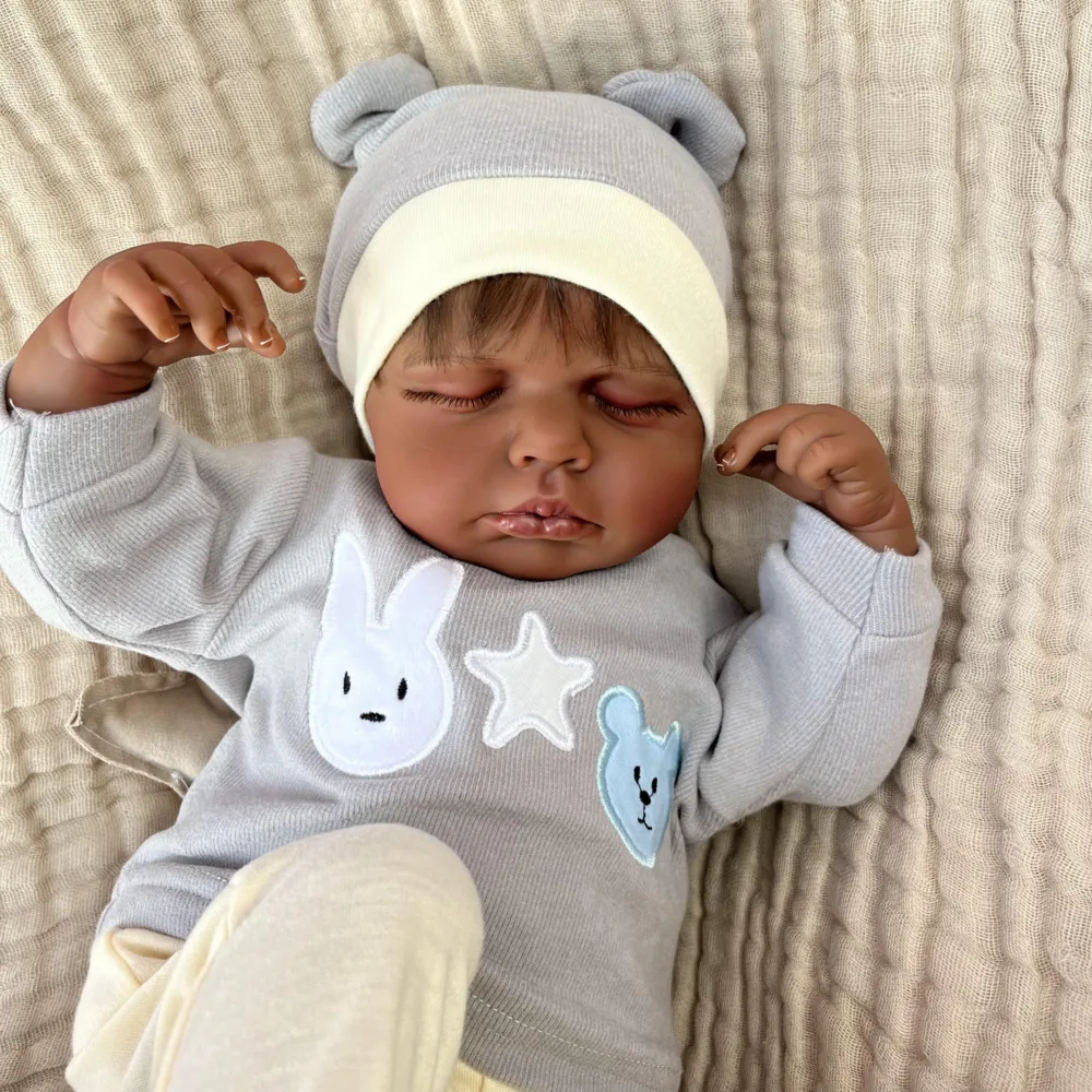 

BZDOLL 18inch Lifelike Reborn Baby Doll Asleep Black / Brown Skin Vinyl Limbs Cloth Body for Kids 48cm Loulou Doll Handmade Gift