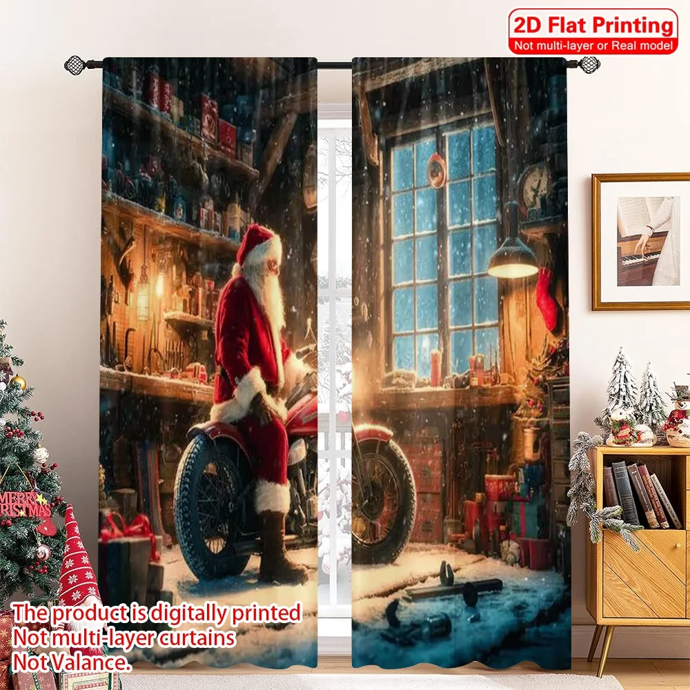 

2pcs 2D flat printing Merry Christmas Curtains Santa Claus Motorcycle4 Versatile Polyester Without Electricity Birthday Party