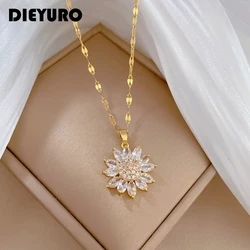 DIEYURO 316L Stainless Steel Luxury Zircon Flower Pendant Necklace For Women Girl New Trend Clavicle Chain Jewelry Lady Gift