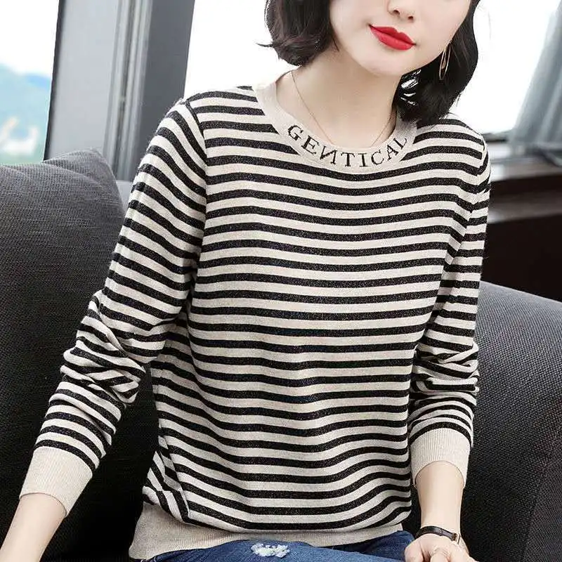 Autumn Fashion All-match O-neck Letter Pullovers Women Clothing Casual Loose Striped Knit Sweaters Lady Elegant Long Sleeve Top