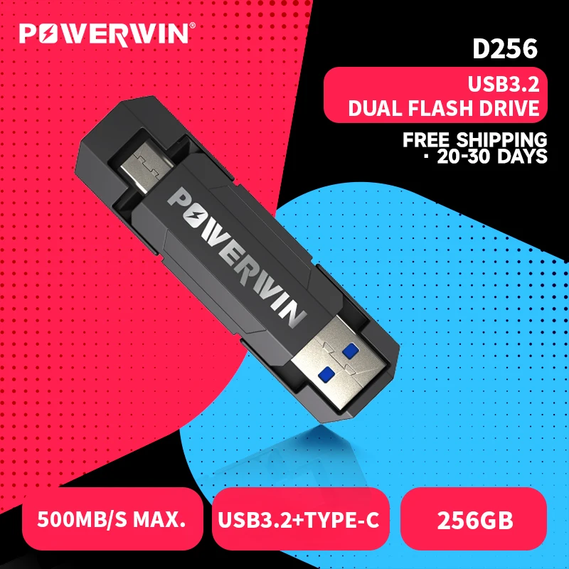 POWERWIN D256 256GB USB 450MB/s for iPhone 15, Android, Tablet, Windows, MacOS  2-in-1 Dual Flash Drive Type C+ USB A 3.2 Gen1