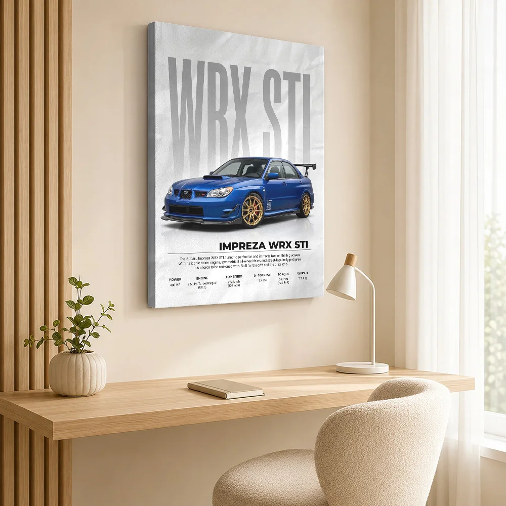 Sleek blue Sports Impreza WRX STI car Framed Canvas Print Poster Customized Photo Retro Automotive Wall Art for Man Cave Decor