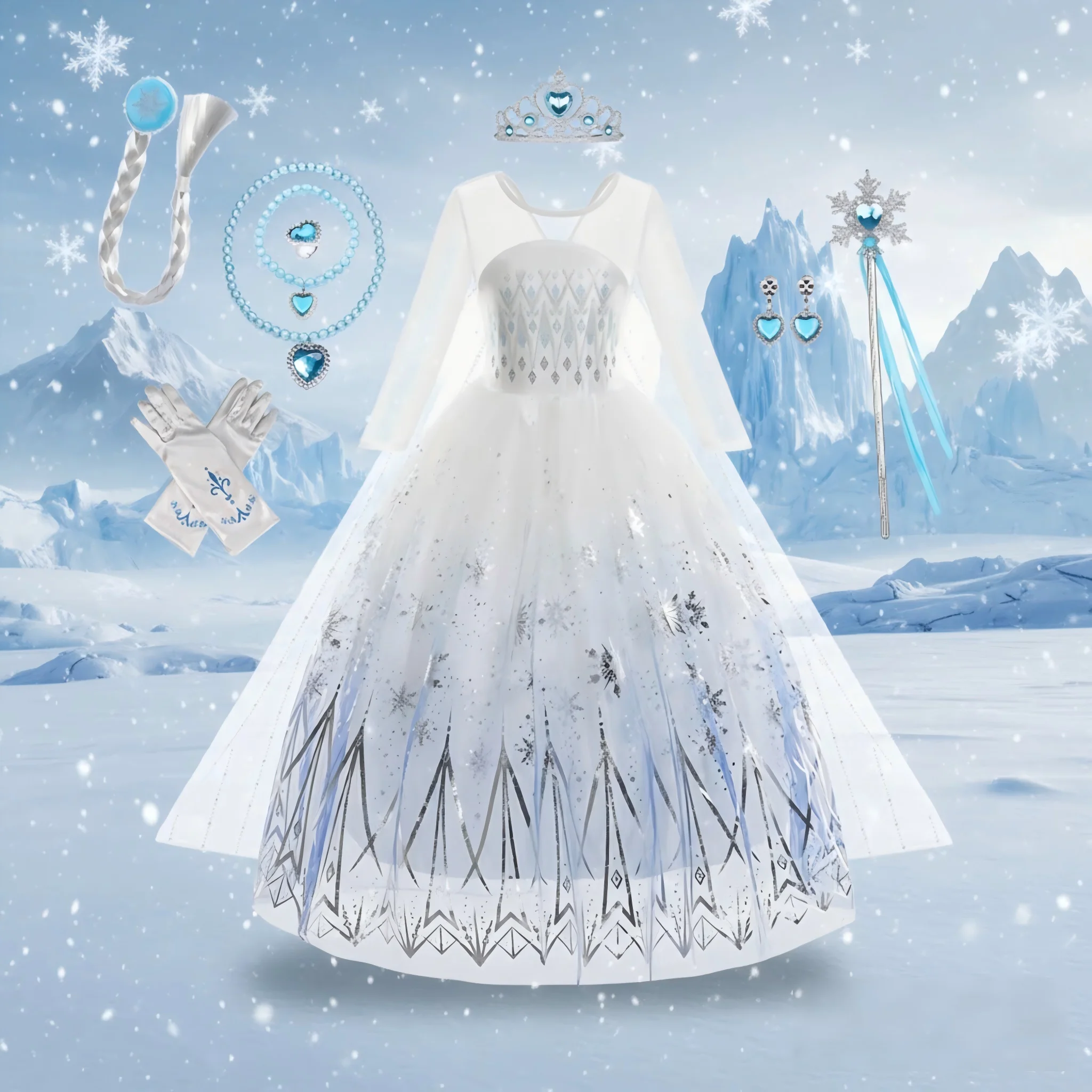 

Frozen White Elsa Princess Costume for Girls Birthday Party Halloween Cosplay Snow Queen Carnival Clothing Kids Dress