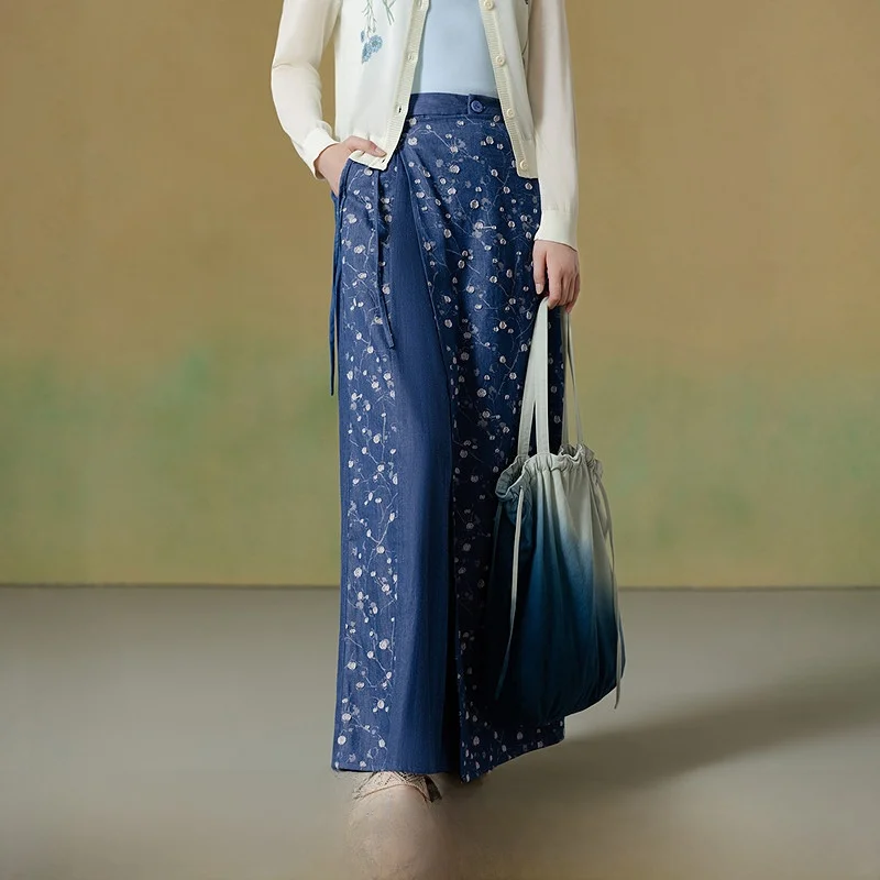 

New 2025 Summer Women's Loose Wide Leg Pants Skirt 00% Cotton Embroidered All-Match Sle l Waist Zipper Closure