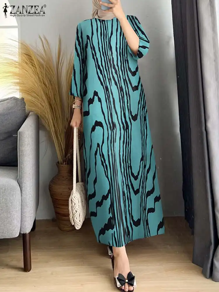 Women Muslim Maxi Dress Duabi Abaya Kaftan ZANZEA Summer O Neck 3/4 Sleeve Printed Sundress Robe Femme Casual Loose Vestidos