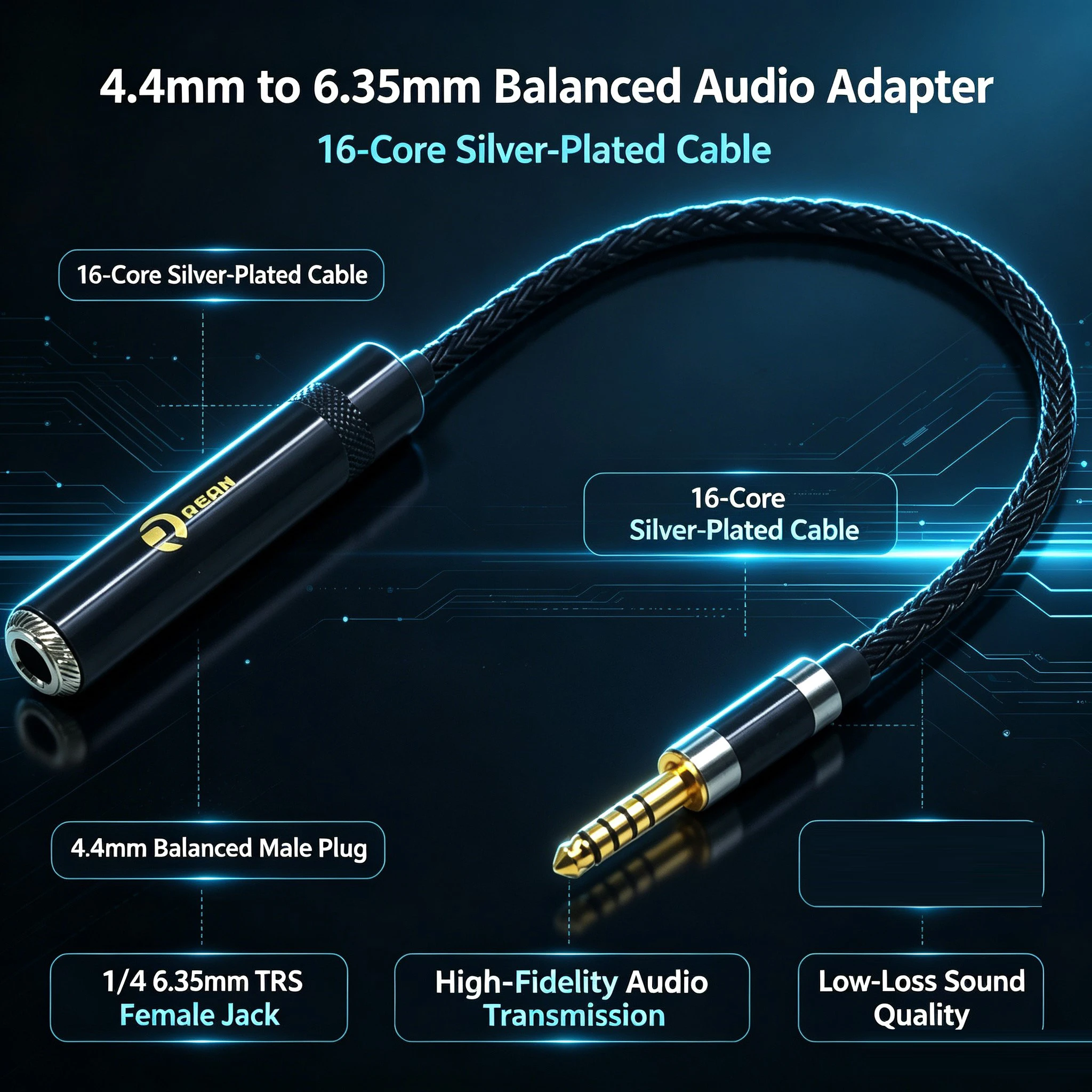 16 Core  Bright-Black 4.4mm Balanced Male to 1/4 6.35mm TRS Female Audio Adapter Cable 4.4mm M to 6.5 F Cable