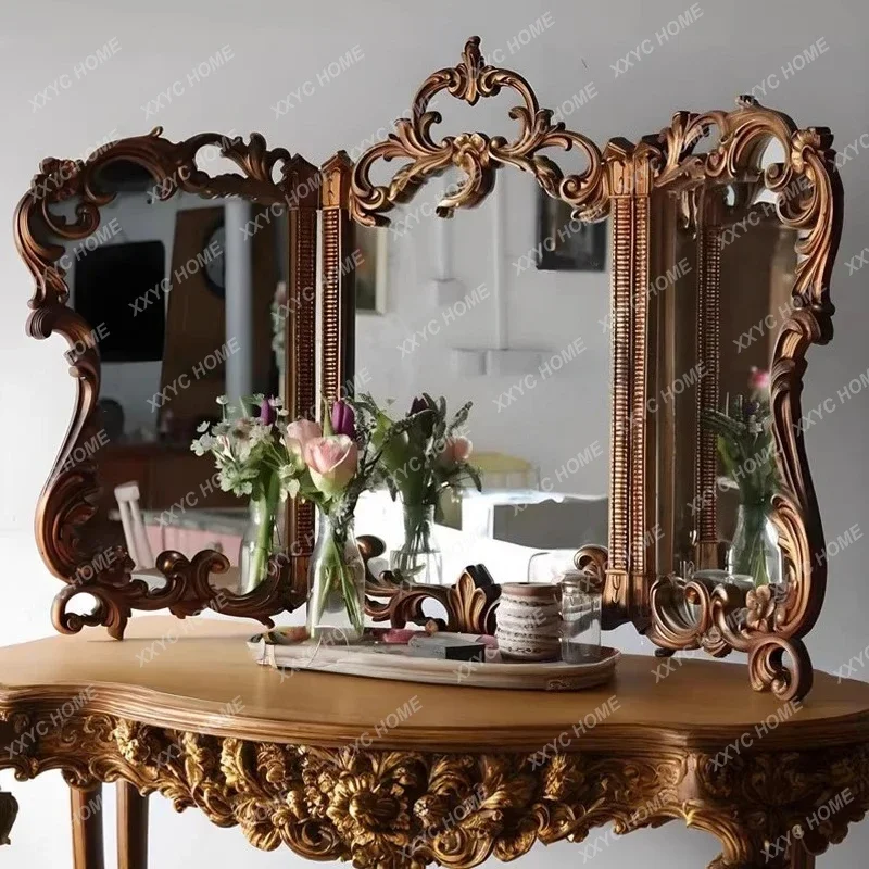 Retro makeup mirror carved desktop special-shaped decorative three-sided mirror