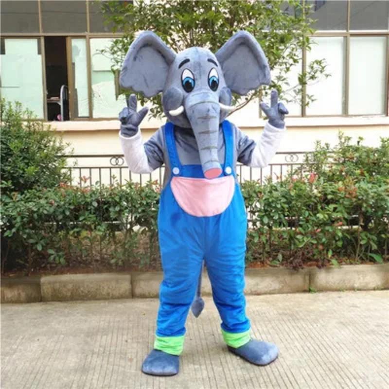 2024 Cool Grey Elephant Mascot Costume Mascotte Elephish with White Ivory Long Nose Blue Pants Adult Walking Outfits