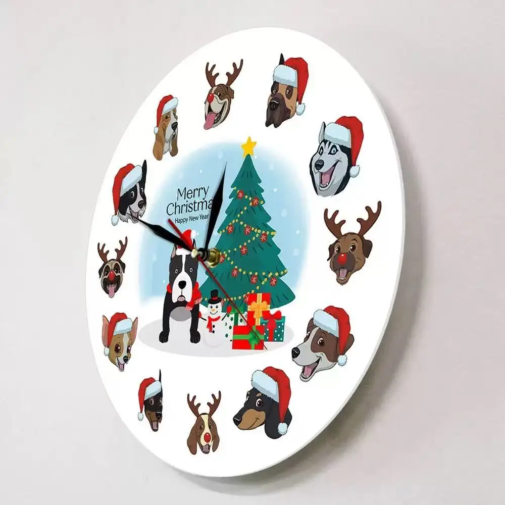 Merry Christmas Dog Wall Clock - Cute Cartoon Santa Dogs & Christmas Tree Design Silent Quartz Watch for Home Living Room Festiv
