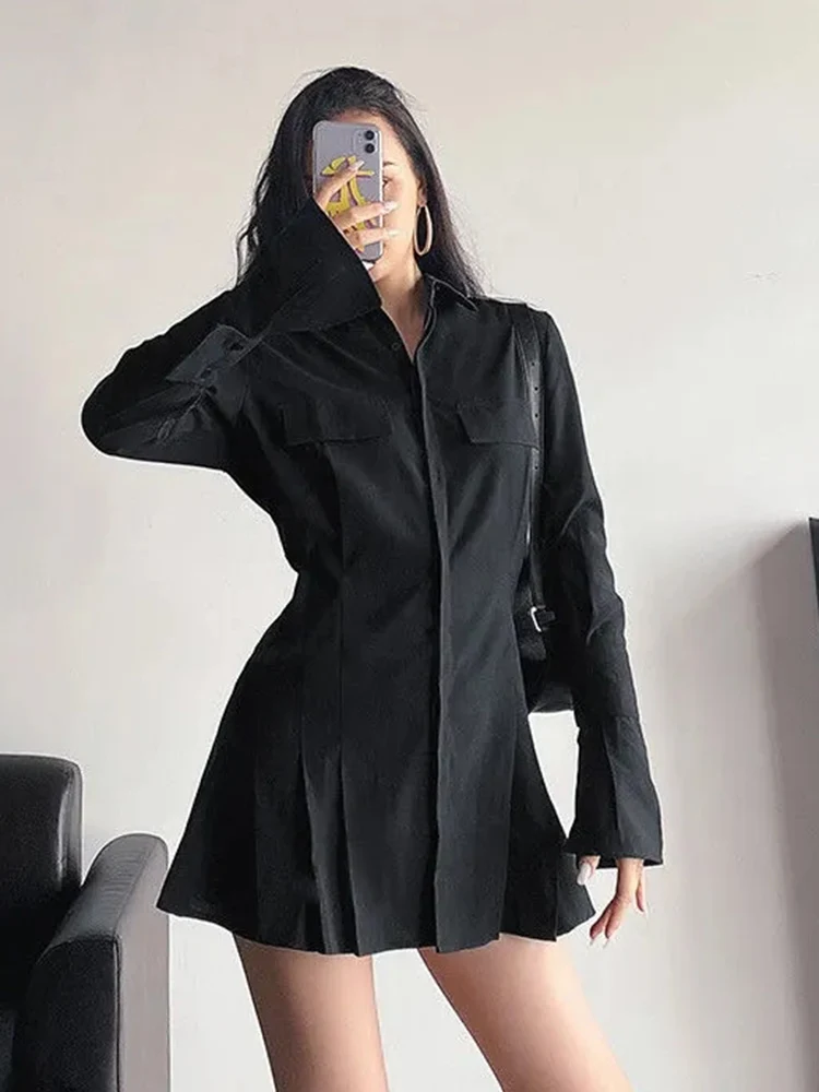 ZOKI Pleated Women Pleated Dress Long Sleeve High Waist Slim Ladies Shirt Dress Gothic Black Y2K Streetwear Vintage Mini Dress