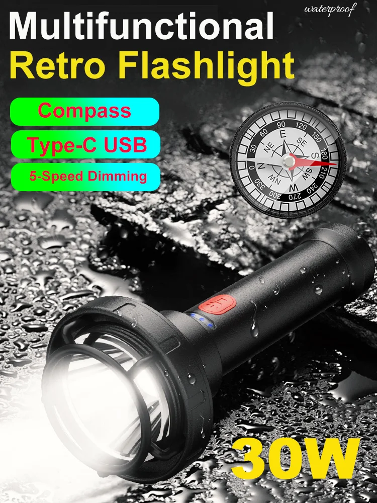 

99000000LM Powerful Flashlight LED Portable Torch Waterproof TYPE-C USB Charging Floodlight Built-in Battery 5 Mode for Camping