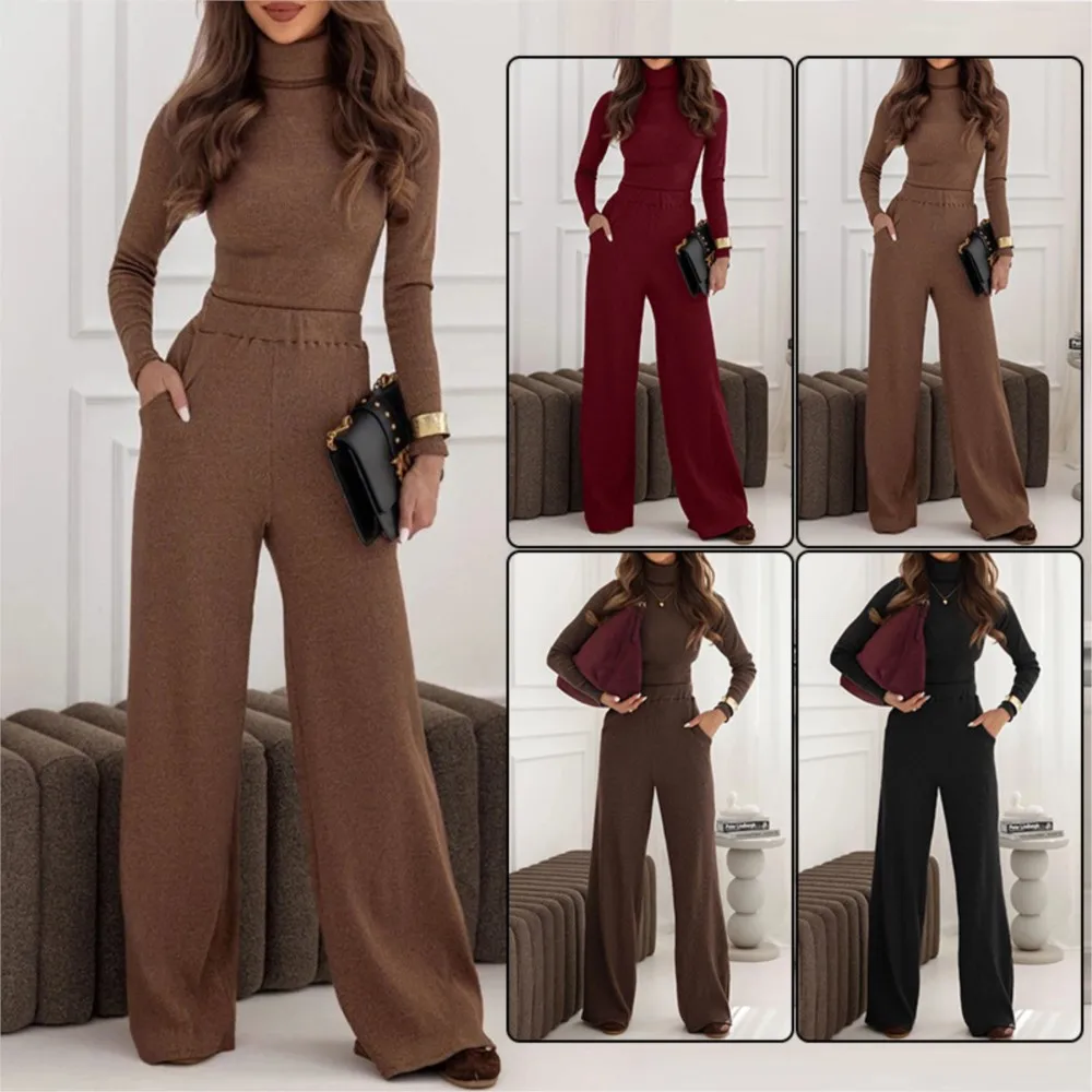 Pantalones de moda traje de mujer 2025 Otoño Invierno traje de temperamento jersey de punto de cuello alto + Pantalones de pierna ancha conjunto de dos piezas