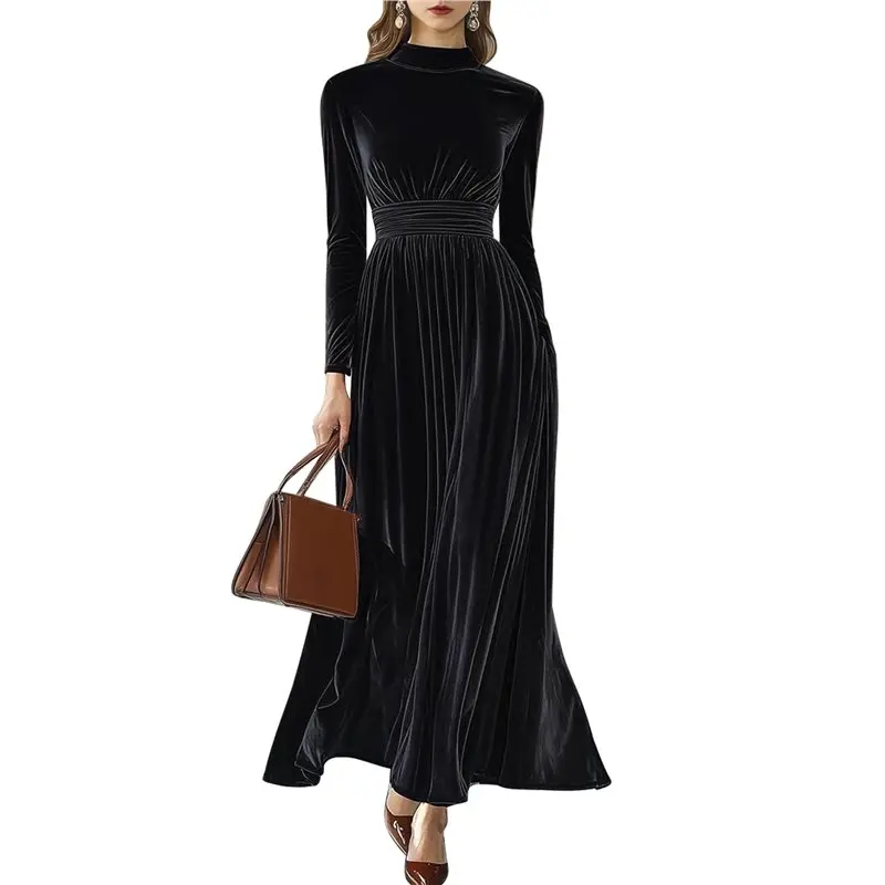 

ABRT-Velvet Dress For Women High Neck Long Sleeve Elegant Flowy Maxi Wedding Party Formal Gown Evening Dress Black L