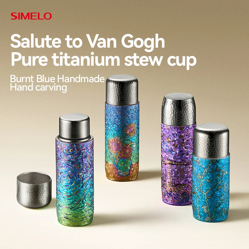SIMELO Pure Titanium Insulated Cup Salute to Van Gogh Burnt Blue Handmade Portable Thermal Water Bottle Vacuum Flask