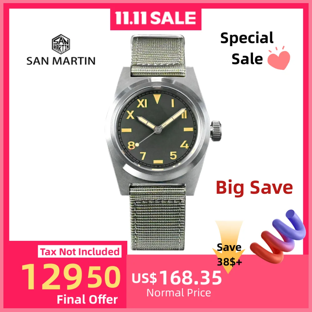 

San Martin 38mm Retro Automatic Mechanical Men Watches Military Pilot Wristwatch Sapphire YN55 20Bar Waterproof Lume SN0031-1