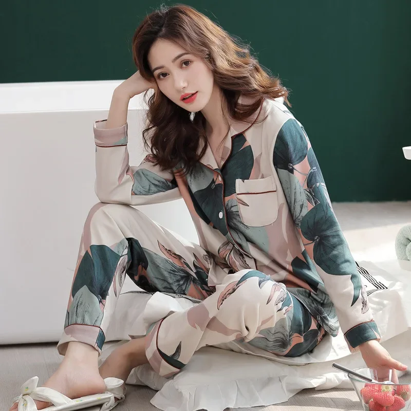 Women's Pajamas Leisure Elegant Home Clothes, Big Flowers Literary Artistic Style Sleepwear or Outer Wear Suit in Spring