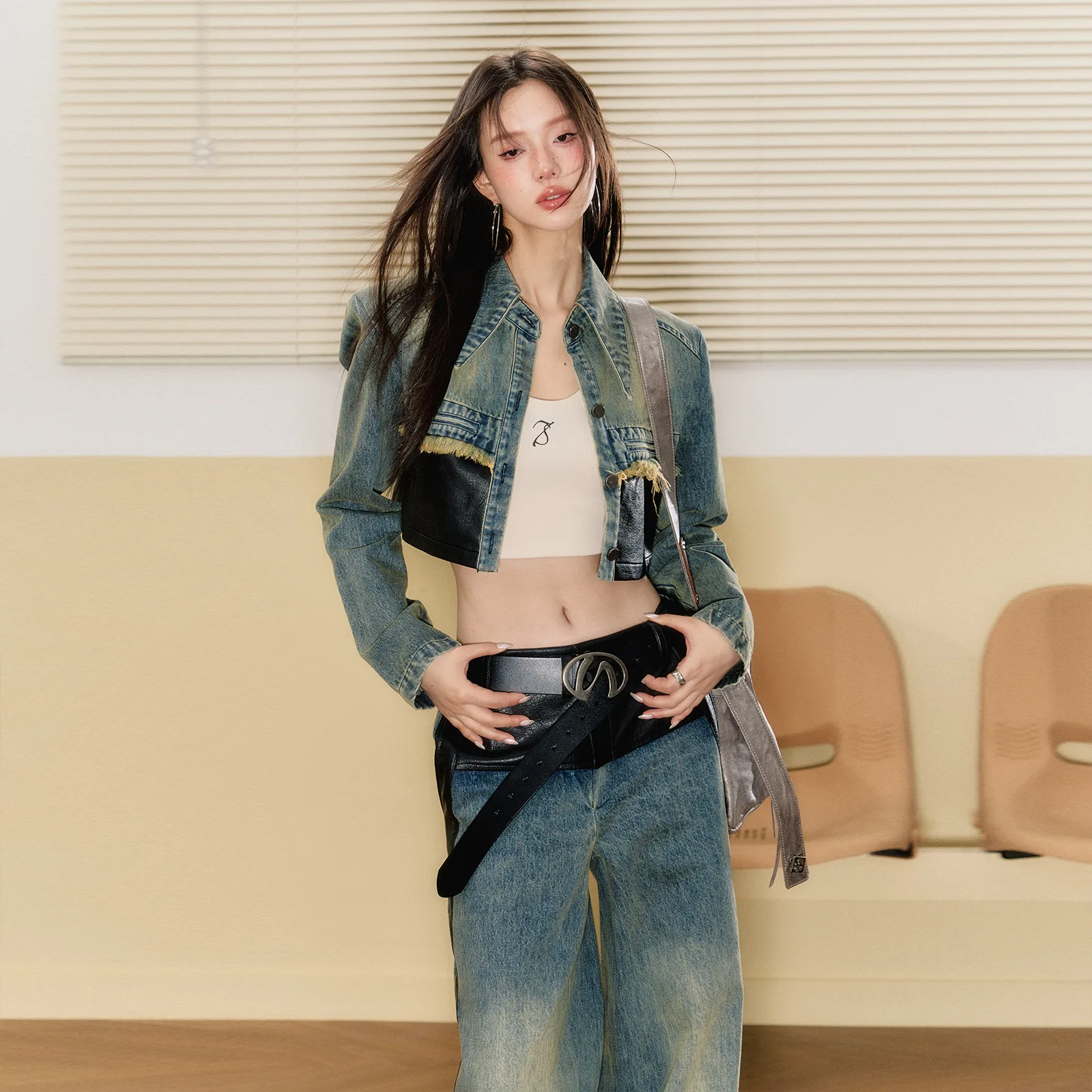 Women's Baggy  Jeans Pu Faux Leather Patchwork Abi Y2k Japanese Streetwear Cyber Punk Denim Pants Grunge Harajuku Cowboy 2000s