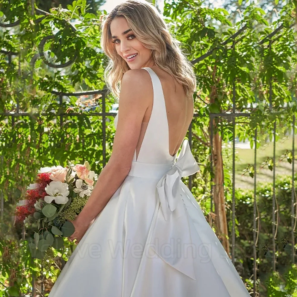 Vestido de novia de cuello cuadrado sin mangas, Simple, Sexy, espalda abierta con lazo y botones, tren de barrido nupcial, vestidos de matrimonio con bolsillo