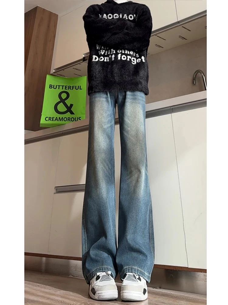 

American Retro Blue Jeans Men's Straight Leg Micro Flared Pants High Street Vibe Style Autumn Wearable Denim Youth Trend