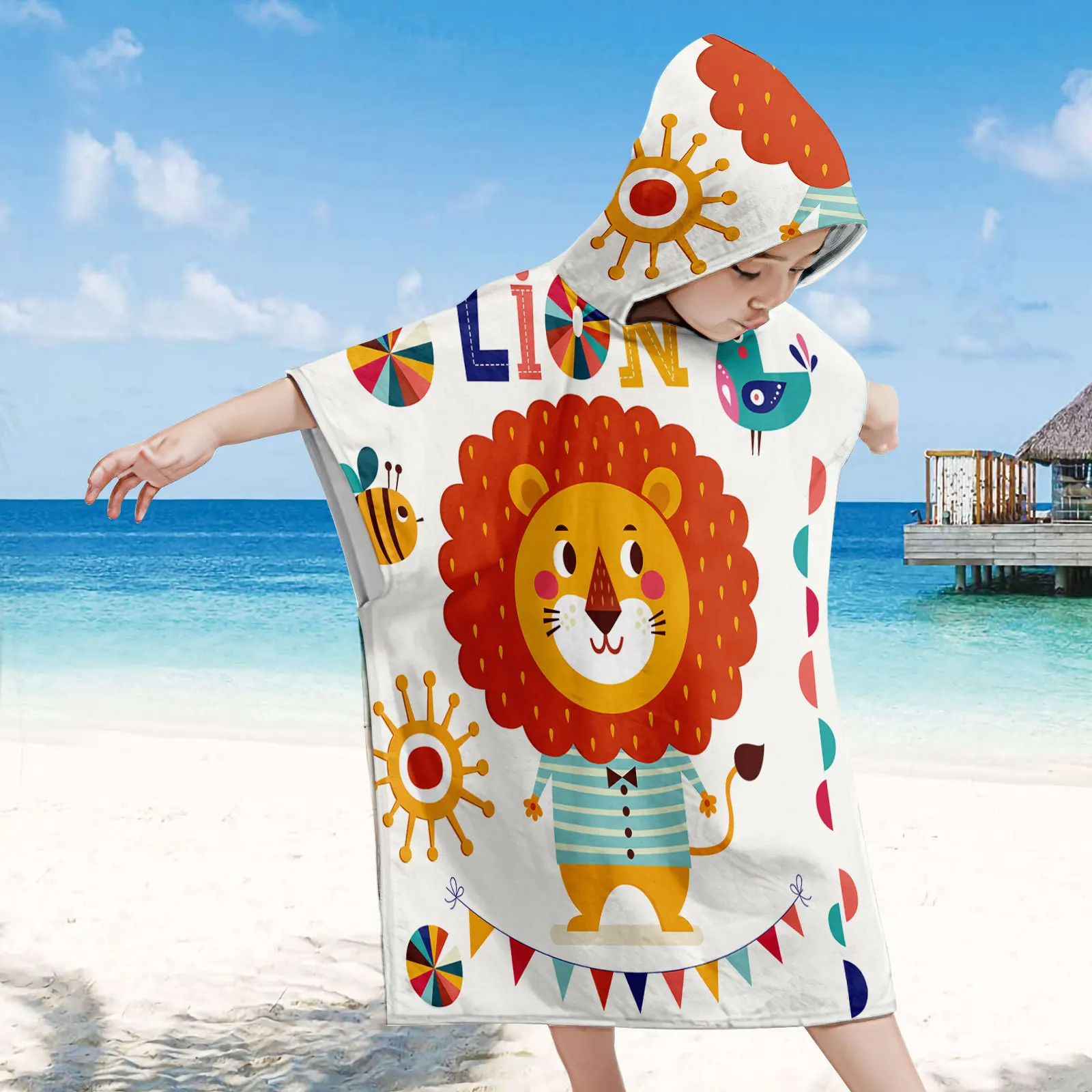 

60x60cm Lion Children's Beach Sun Protection Hooded Cloak Beach Changing Towel Swimming Can Wear Printed Customized Bath Towel