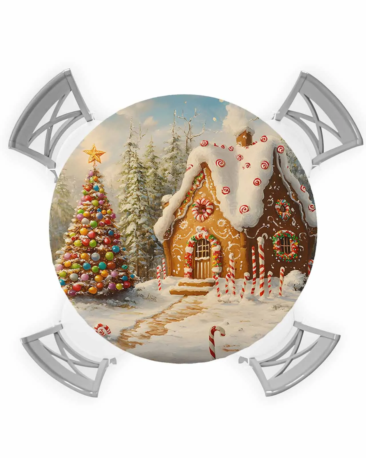 Christmas Tree Gingerbread House Fairy Tale Round Elastic Edged Table Cover Protector Cloth Waterproof Fitted Tablecloth