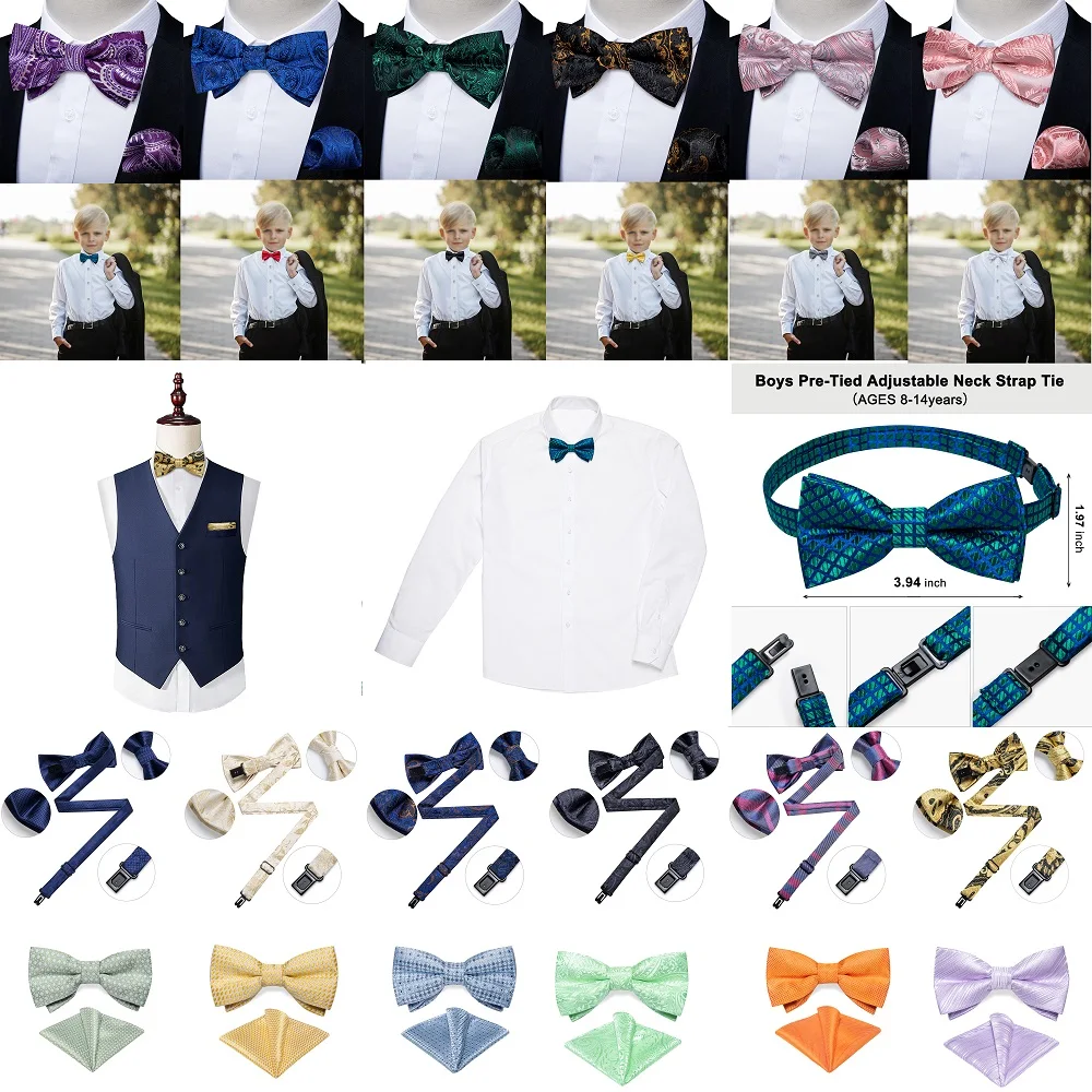 Boys Pre-tied Bow Tie Silk Adjustable Bowtie and Pocket Square for Age 8-14 Kids Bowtie Wedding School Ceremony Party