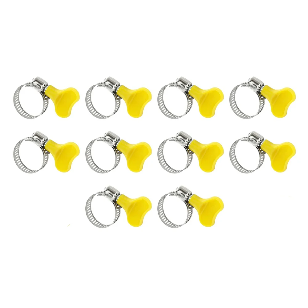 10 pcs 8-38mm 7 Size Adjustable Yellow Plastic Handle Hand Twist Hose Clamps Worm Driving Stainless steel Pipe Clips For Tube