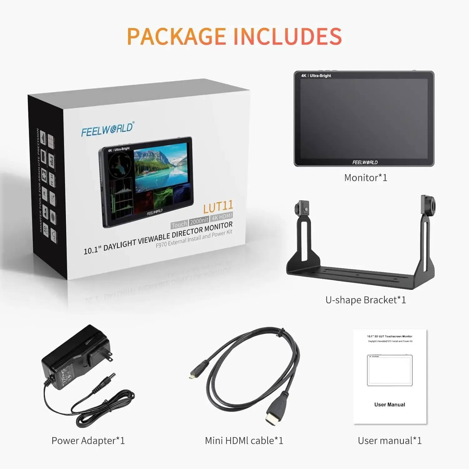 FEELWORLD LUT11H 10.1 Inch 4K HDMI I/O 1920x1200 3D LUT Touch Screen F970 External Power Kit2000nit IPS Monitor