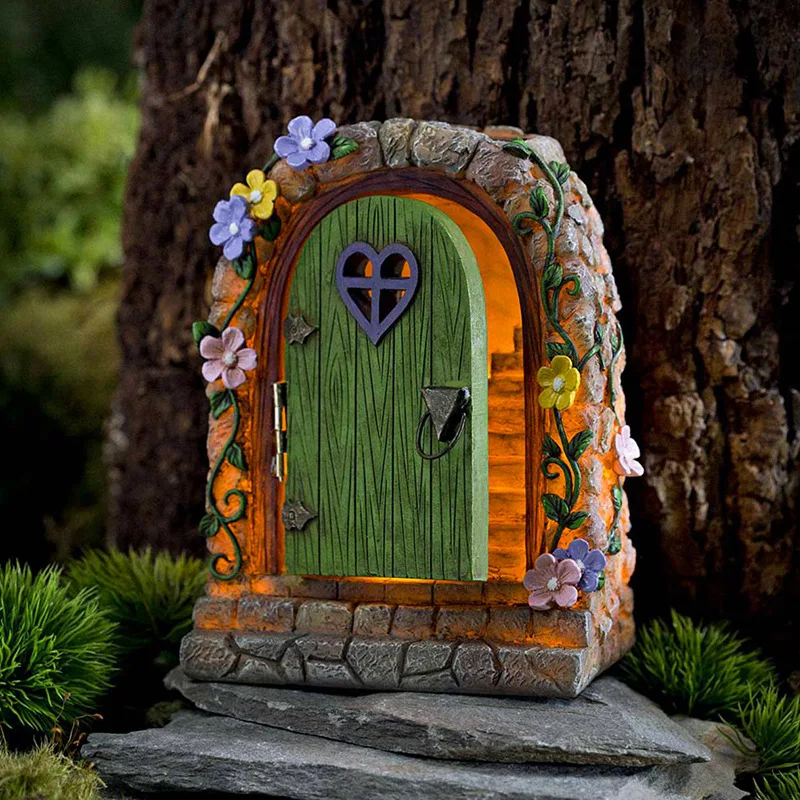 Hot selling rural design staircase accessories, solar outdoor courtyard lights, fairy garden stone doors, resin ornaments