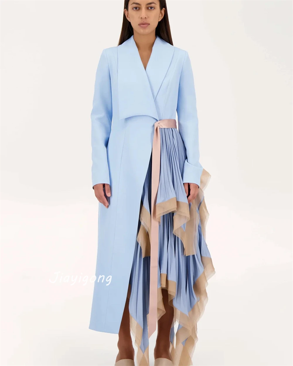 CustomizedJiayigong Prom Modern Style V-Neck A-line Draped Tulle Ankle-Length S Bespoke Occasion Dresses