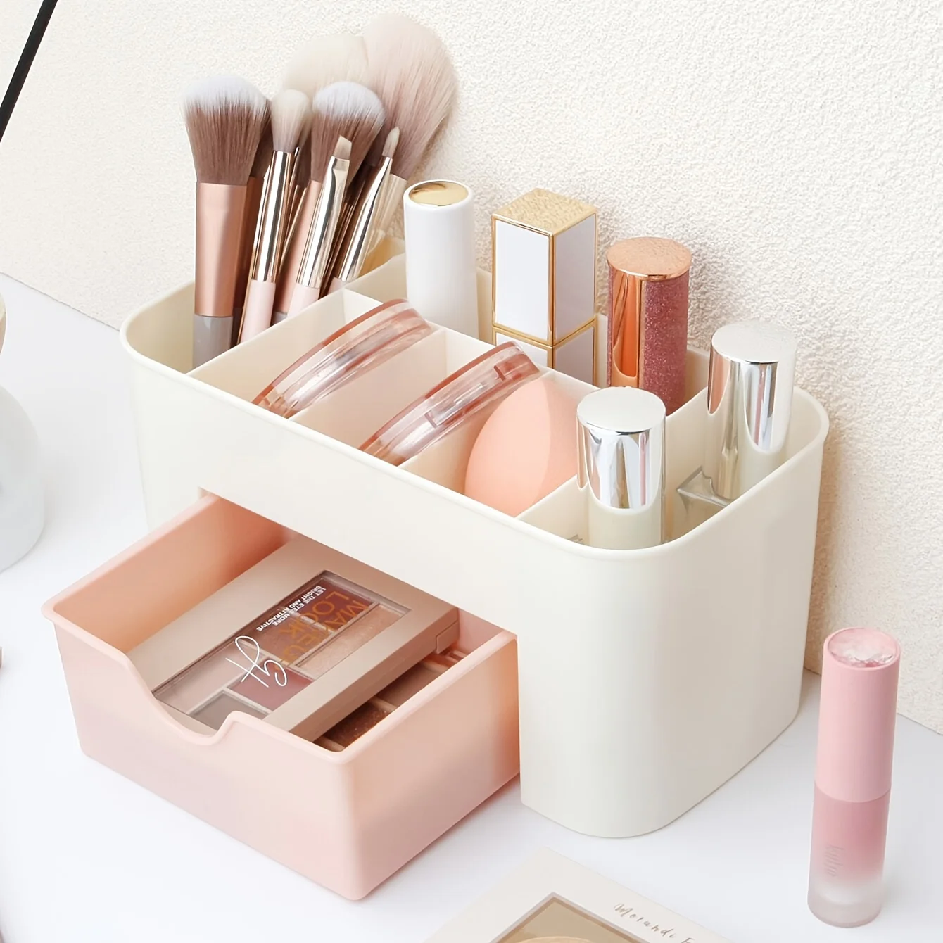 Organizador de maquiagem com 1 gaveta, organizador de mesa, 6 compartimentos, caixa de armazenamento de cosméticos para esmalte, batom, pincéis, joias