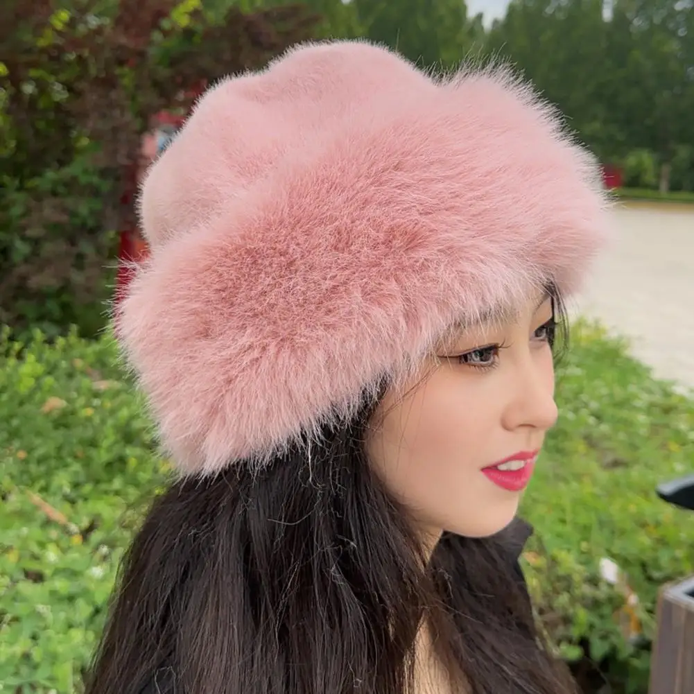 Women Winter Hat Thick Fuzzy Faux Fur Heat Retention Windproof Mongolia Style Hat Brimless Outdoor Cycling Skiing Cap 여자 모자