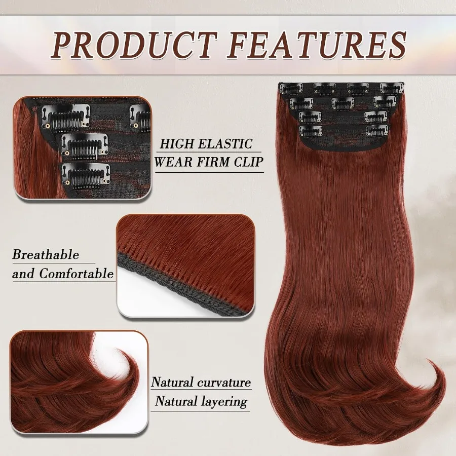 Copper Red Clipin Hair Extensions for Women Straight Layered Synthetic Hair Extensions Long Wavy Style Daily Use 20 Inch Perfec