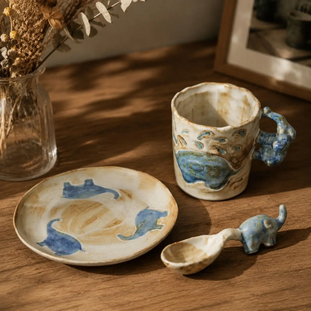 

Handmade Retro Baby Elephant Coffee Cup with Spoon Literary Coarse Pottery Old Baby Elephant Shape Creative LatteFlower Cup Gift