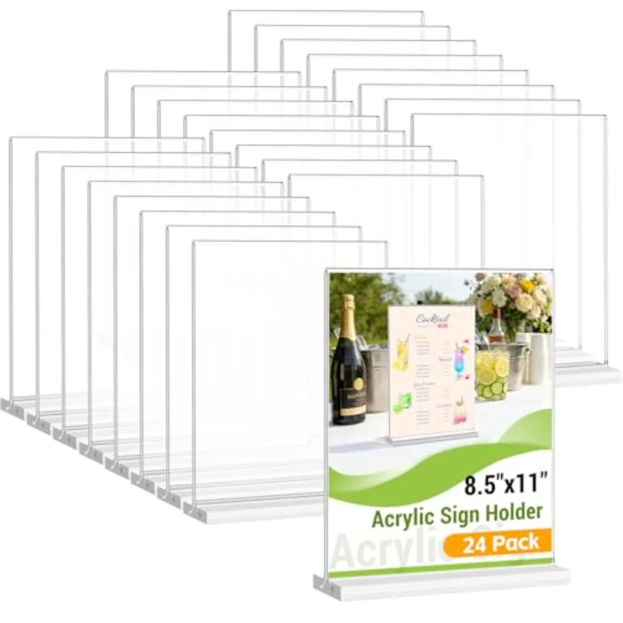 

24 Pack Acrylic Sign Holder 8.5 x 11 Inches Clear Double Sided Vertical Table Sign Holder Document Menu Flyer Holder T Shape Di