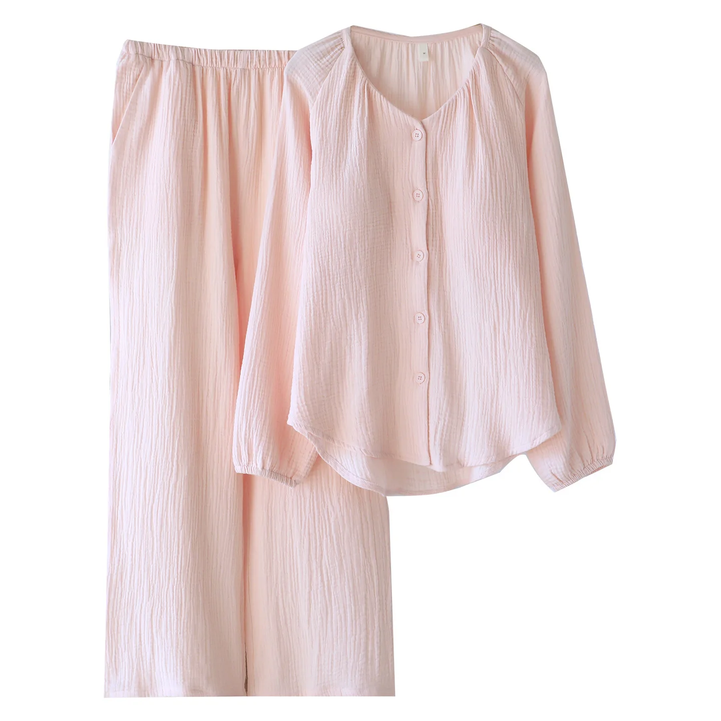 

Spring and Autumn Women's Pajama Set 100% Cotton Crepe V-neck Solid Color Long Sleeve Two Piece Set