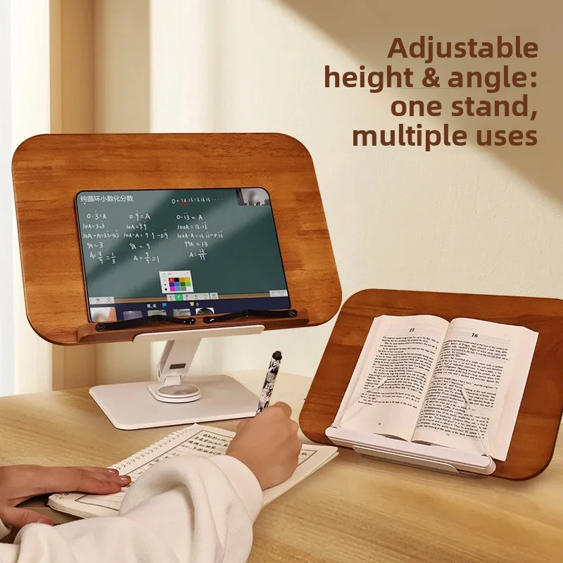 Reading Books Holder Desktop Book Laptop Stand with 360° Rotating Base Wooden Panel & Page Clips Foldable and Angle for Textbook