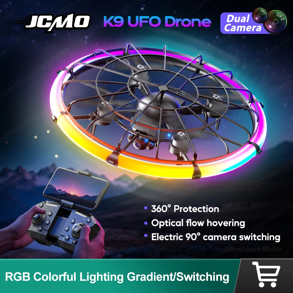 

JCMO K9 Camera Drone Dual Camera Colorful RGB Flowing Light Comprehensive Protection UFO Brushless Quadcopter For Children Toys